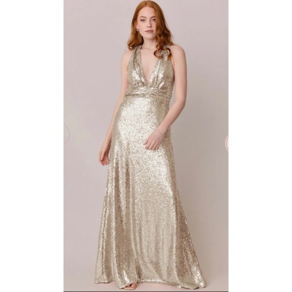 Revelry Gold Sequin Maxi Dress V-Neck Cross Back Formal Gown